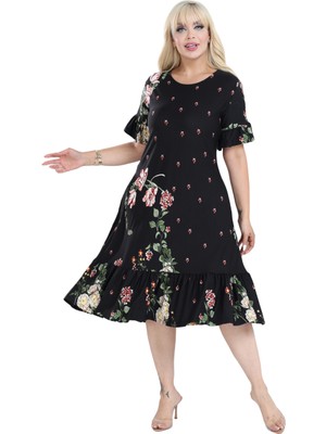 Melsay Butik Siyah Eteği Fırfırlı Sulu Pembe Çiçek Desen Cepli Kadın Elbise