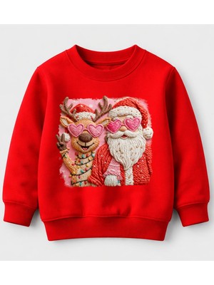 Efendioğlu Design Sweatshirt Kalpgözlü Geyik ve Noel Baba Baskılı Pamuklu 3 Iplik Çocuk Sweatshirt