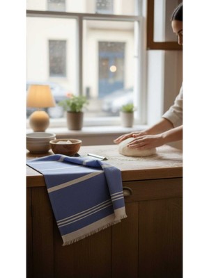 bebekokusu Pamuklu , Püsküllü , Yüksek Emiş Güçlü El ve Kurulama Bezi Mutfak Havlusu 30 x 50 cm - Mavi