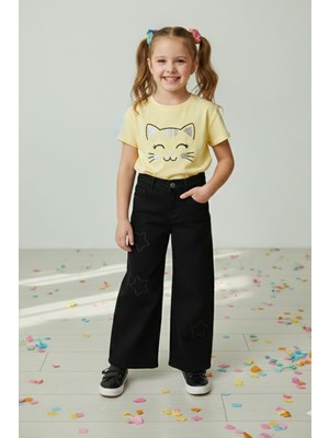 FullaModa %100 Pamuk Papatya Nakışlı Beli Lastikli Kız Çocuk Pantolon