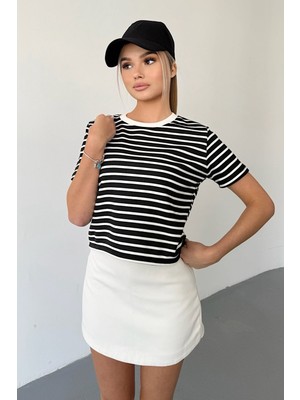 Giysa Kadın Bisiklet Yaka Kısa Kollu Çizgili Sweatshirt Siyah - MS0001301