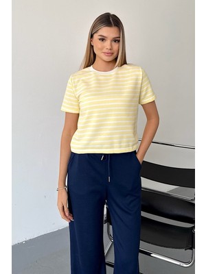 Giysa Kadın Bisiklet Yaka Kısa Kollu Çizgili Sweatshirt Sarı - MS0001301