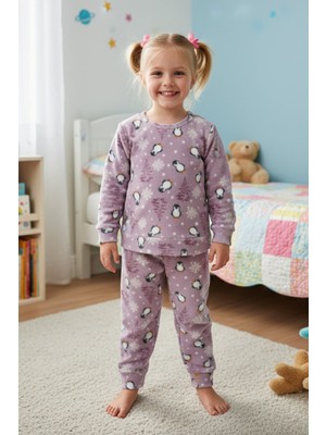 FullaModa Penguen Desenli Polar Unisex Çocuk Pijama Takımı