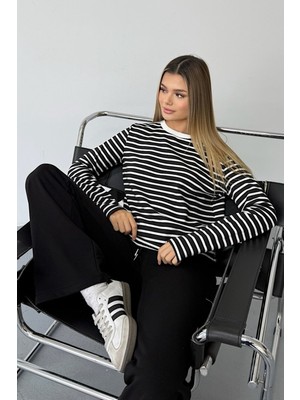 Giysa Kadın Bisiklet Yaka Çizgili 3 Ip Sweatshirt Siyah - MS0001300