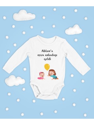 Sevbano Ablama Oyun Arkadaşı Geldi Yazılı Pamuklu Yumuşak Unisex Çıtçıtlı Uzun Kollu Body Zıbın