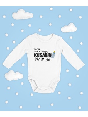 Sevbano Bazen Çok Içtiğimde Kusarım Dayım Gibi Yazılı Pamuklu Yumuşak Unisex Çıtçıtlı Uzun Kollu Body Zıbın