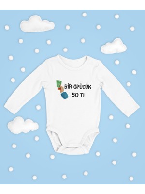 Sevbano Bir Öpücük 50 Tl Yazılı Pamuklu Yumuşak Unisex Çıtçıtlı Uzun Kollu Body Zıbın