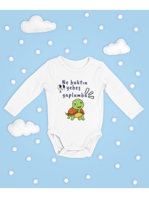 Sevbano Ne Baktın Gebeş Kaplumbağa ! Yazılı Pamuklu Yumuşak Unisex Çıtçıtlı Uzun Kollu Body Zıbın