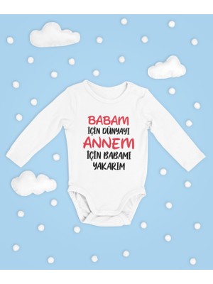 Sevbano Babam Için Dünyayı Annem Için Babamı Yakarım Yazılı Pamuklu Unisex Çıtçıtlı Uzun Kollu Body Zıbın