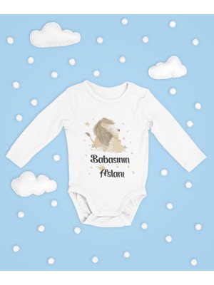 Sevbano Babasının Aslanı ! Yazılı Pamuklu Unisex Çıtçıtlı Uzun Kollu Body Zıbın