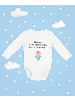 Sevbano Yürümeyi Daha Öğrenemedim Kucaklar Mısınız Yazılı Pamuklu Unisex Çıtçıtlı Uzun Kollu Body Zıbın