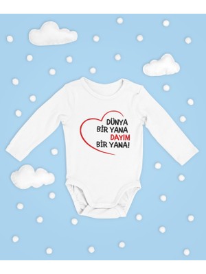 Sevbano Dünya Bir Yana Dayım Bir Yana ! Yazılı Pamuklu Yumuşak Unisex Çıtçıtlı Uzun Kollu Body Zıbın