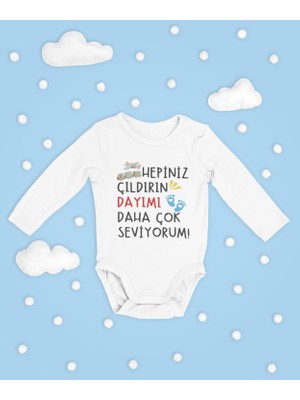 Sevbano Hepiniz Çıldırın Dayımı Daha Çok Seviyorum ! Yazılı Pamuklu Unisex Çıtçıtlı Uzun Kollu Body Zıbın