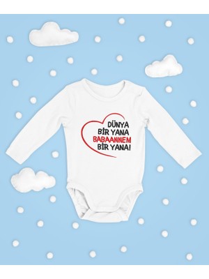Sevbano Dünya Bir Yana Babaannem Bir Yana ! Yazılı Pamuklu Yumuşak Unisex Çıtçıtlı Uzun Kollu Body Zıbın