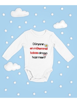 Sevbano Dünyanın En Mükemmel Babası Olmaya Hazır Mısın Yazılı Pamuklu Unisex Çıtçıtlı Uzun Kollu Body Zıbın