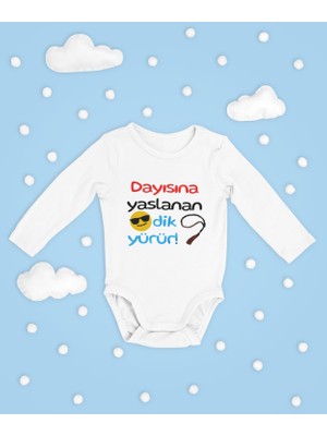 Sevbano Dayısına Yaslanan Dik Yürür ! Yazılı Pamuklu Yumuşak Unisex Çıtçıtlı Uzun Kollu Body Zıbın