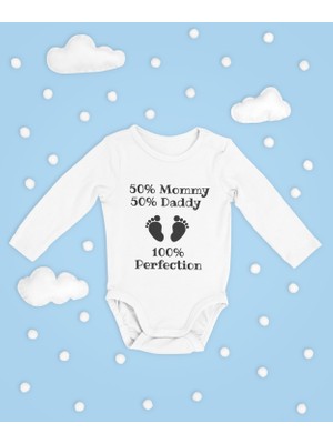 Sevbano %50 Mommy %50 Daddy %100 Perfection ! Yazılı Pamuklu Yumuşak Unisex Çıtçıtlı Uzun Kollu Body Zıbın