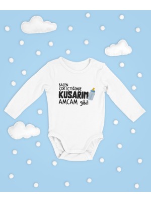 Sevbano Çok Içtiğimde Kusarım Amcam Gibi Yazılı Pamuklu Yumuşak Unisex Çıtçıtlı Uzun Kollu Body Zıbın