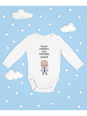 Sevbano Küçük Olabilirim Ama Patron Benim ! Yazılı Pamuklu Yumuşak Unisex Çıtçıtlı Uzun Kollu Body Zıbın