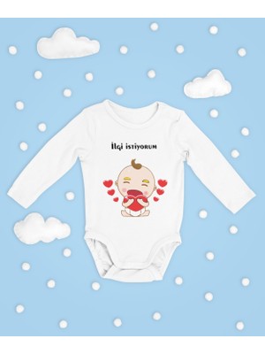 Sevbano Ilgi Istiyorum Yazılı Pamuklu Yumuşak Unisex Çıtçıtlı Uzun Kollu Body Zıbın