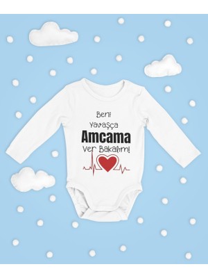 Sevbano Beni Yavaşça Amcama Ver Bakalım ! Yazılı Pamuklu Yumuşak Unisex Çıtçıtlı Uzun Kollu Body Zıbın
