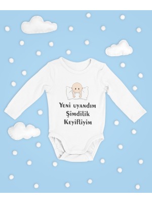 Sevbano Yeni Uyandım Şimdilik Keyifliyim ! Yazılı Pamuklu Yumuşak Unisex Çıtçıtlı Uzun Kollu Body Zıbın