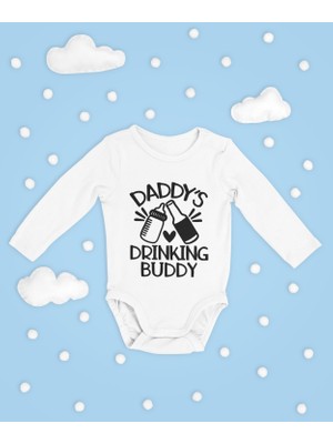 Sevbano Daddys Drinking Buddy Yazılı Pamuklu Yumuşak Unisex Çıtçıtlı Uzun Kollu Body Zıbın