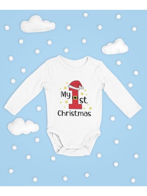 Sevbano My First Christmas ! Yazılı Pamuklu Yumuşak Unisex Çıtçıtlı Uzun Kollu Body Zıbın