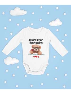 Sevbano Selam Kızlar Ben Geldim ! Yazılı Pamuklu Yumuşak Unisex Çıtçıtlı Uzun Kollu Body Zıbın