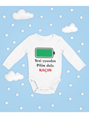 Sevbano Yeni Uyandım Pilim Dolu Kaçın ! Yazılı Pamuklu Yumuşak Unisex Çıtçıtlı Uzun Kollu Body Zıbın