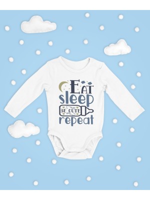 Sevbano Eat Sleep Be Cute Repeat ! Yazılı Pamuklu Yumuşak Unisex Çıtçıtlı Uzun Kollu Body Zıbın