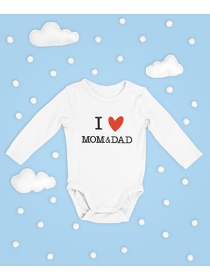 Sevbano I Love Mom And Dad Yazılı Pamuklu Yumuşak Unisex Çıtçıtlı Uzun Kollu Body Zıbın