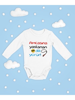 Sevbano Amcasına Yaslanan Dik Yürür Yazılı Pamuklu Yumuşak Unisex Çıtçıtlı Uzun Kollu Body Zıbın