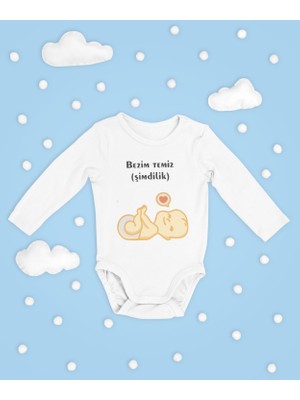 Sevbano Bezim Temiz (Şimdilik) Yazılı Pamuklu Yumuşak Unisex Çıtçıtlı Uzun Kollu Body Zıbın