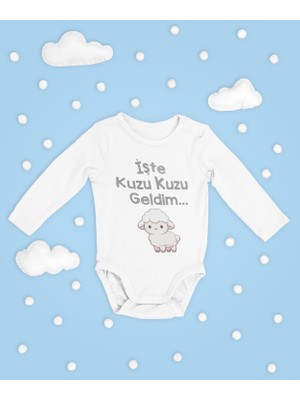 Sevbano Işte Kuzu Kuzu Geldim ! Yazılı Pamuklu Yumuşak Unisex Çıtçıtlı Uzun Kollu Body Zıbın
