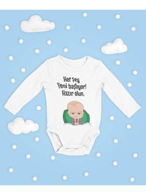 Sevbano Her Şey Yeni Başlıyor Hazır Olun ! Yazılı Pamuklu Unisex Çıtçıtlı Uzun Kollu Body Zıbın