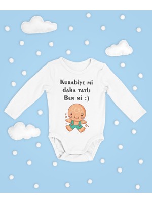 Sevbano Kurabiye Mi Daha Tatlı Ben Mi ? Yazılı Pamuklu Yumuşak Unisex Çıtçıtlı Uzun Kollu Body Zıbın