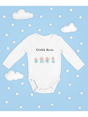 Sevbano Günlük Rutin Yazılı Pamuklu Yumuşak Unisex Çıtçıtlı Uzun Kollu Body Zıbın