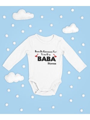 Sevbano Benim Bir Kahramanım Var Babam Yazılı Pamuklu Yumuşak Unisex Çıtçıtlı Uzun Kollu Body Zıbın