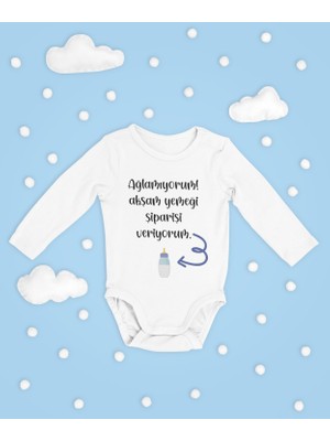 Sevbano Ağlamıyorum Akşam Yemeği Siparişi Veriyorum ! Yazılı Pamuklu Unisex Çıtçıtlı Uzun Kollu Body Zıbın