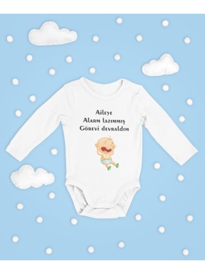 Sevbano Aileye Alarm Lazımmış Görevi Devraldım Yazılı Pamuklu Yumuşak Unisex Çıtçıtlı Uzun Kollu Body Zıbın