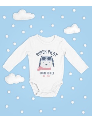Sevbano Süper Pilot ! Yazılı Pamuklu Unisex Çıtçıtlı Uzun Kollu Body Zıbın