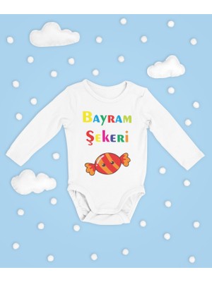 Sevbano Bayram Şekeri Yazılı Pamuklu Yumuşak Unisex Çıtçıtlı Uzun Kollu Body Zıbın