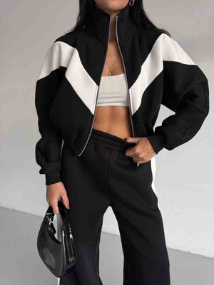 Zeynep Öykü Style Kadın Garnili Çift Renkli 3 Iplik  Içi Şardonlu Eşofman Takımı