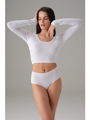 Çamaşır Kenti Doreanse Beyaz Kadın Basic Uzun Kol Crop T Shirt 8513