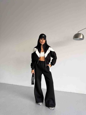 Zeynep Öykü Style Kadın Garnili Çift Renkli 3 Iplik  Içi Şardonlu Eşofman Takımı