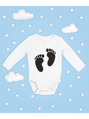 Sevbano Ayak Izi Baskılı Pamuklu Yumuşak Unisex Çıtçıtlı Uzun Kollu Body Zıbın