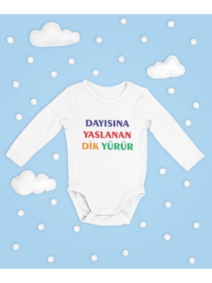 Sevbano Dayısına Yaslanan Dik Yürür Yazılı Pamuklu Yumuşak Unisex Çıtçıtlı Uzun Kollu Body Zıbın