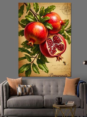 Artmeg Dalda Nar Meyvesi Çizimi Dekoratif Kanvas - Mdf Ahşap Tablo