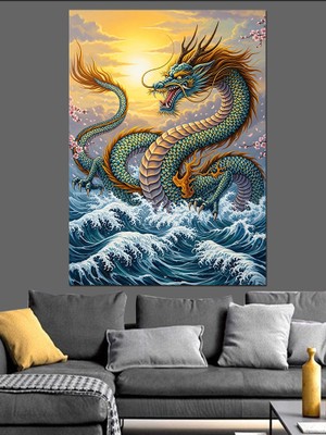 Artmeg Denizden Çıkan Çin Ejderhası Dekoratif Kanvas - Mdf Ahşap Tablo